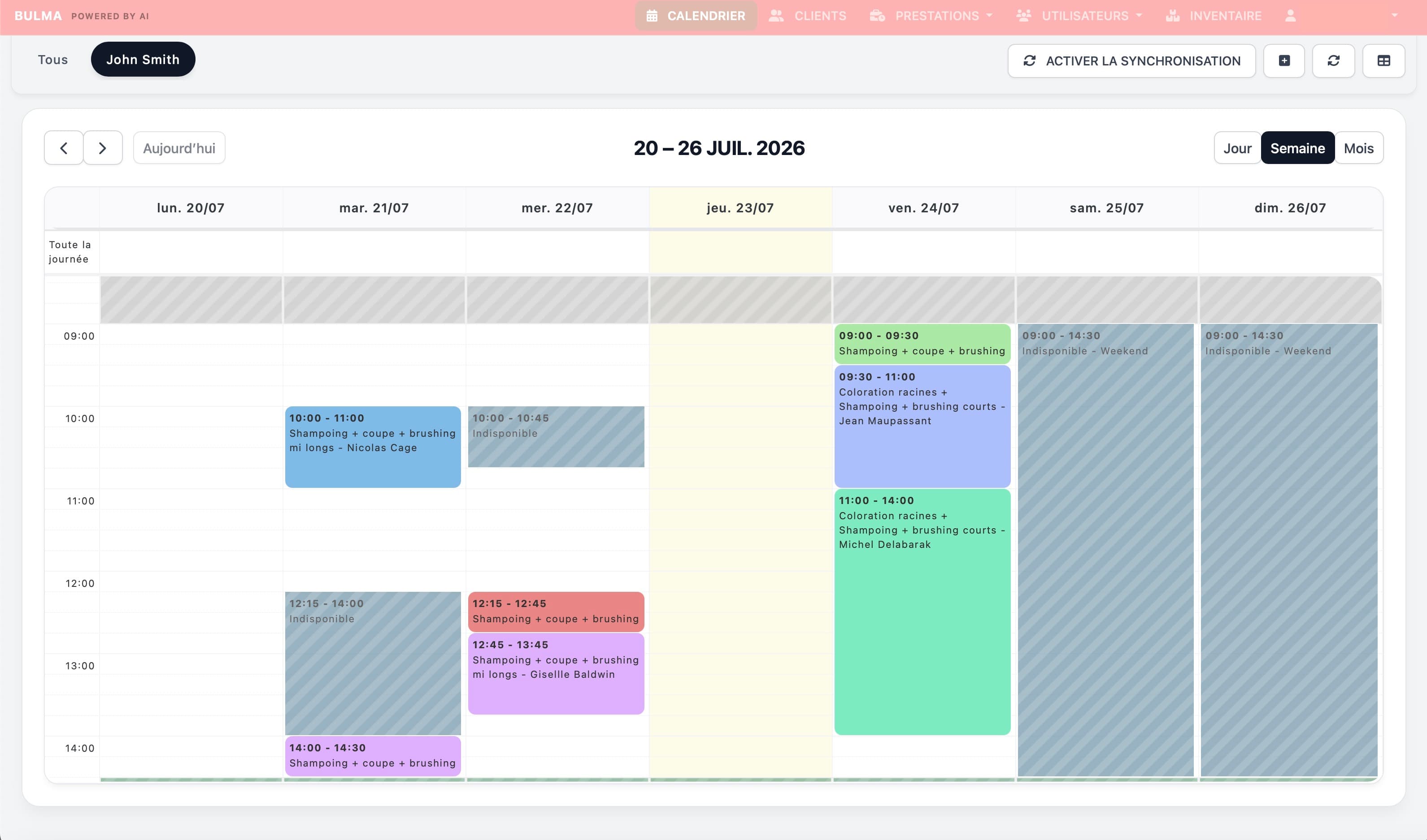 Calendrier hebdomadaire Bulma avec les rendez-vous colorés par prestation
